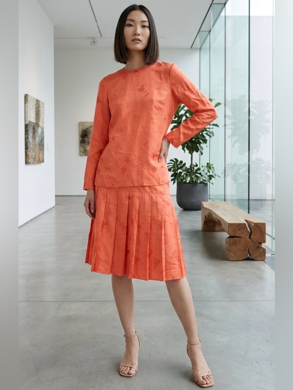 Custom Tailored Orange Floral Jacquard Blouse Drop Waist Pleated Skirt Set